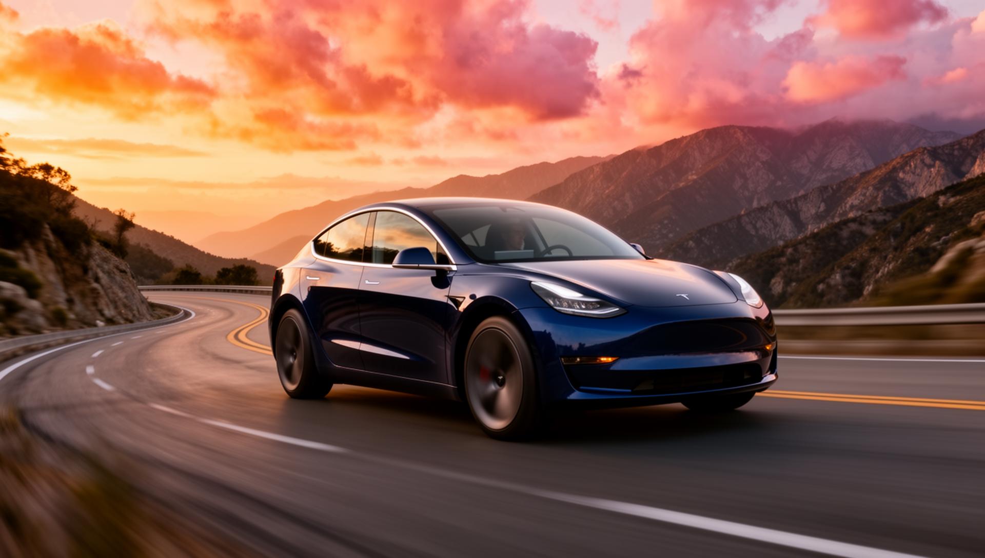 Tesla on mountain highway at sunset